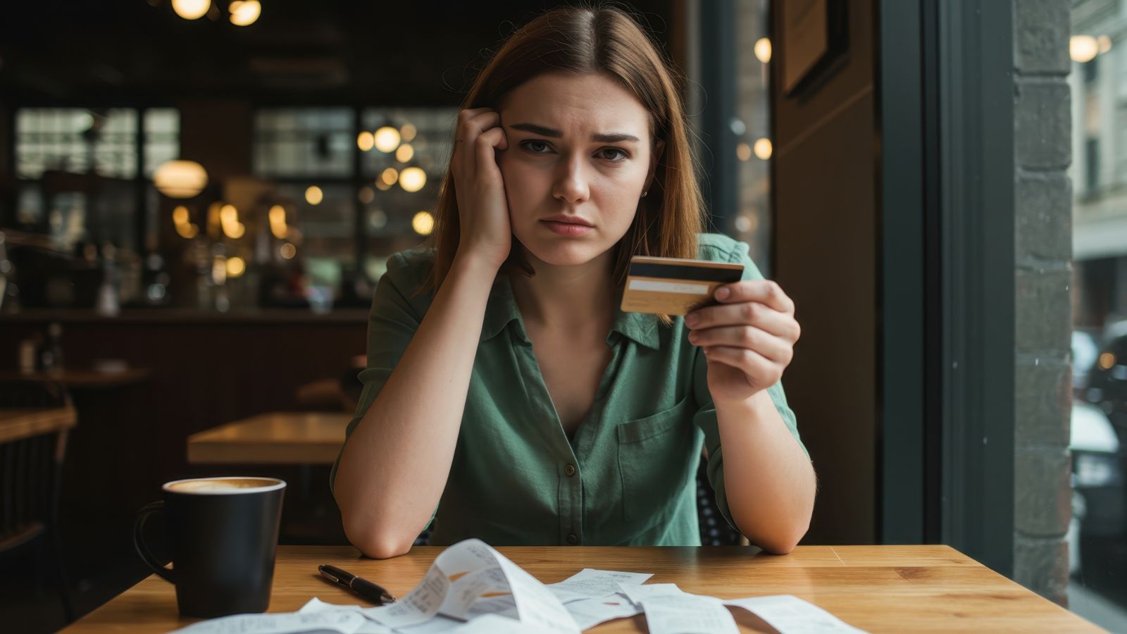 A photo of a woman holding an atm.