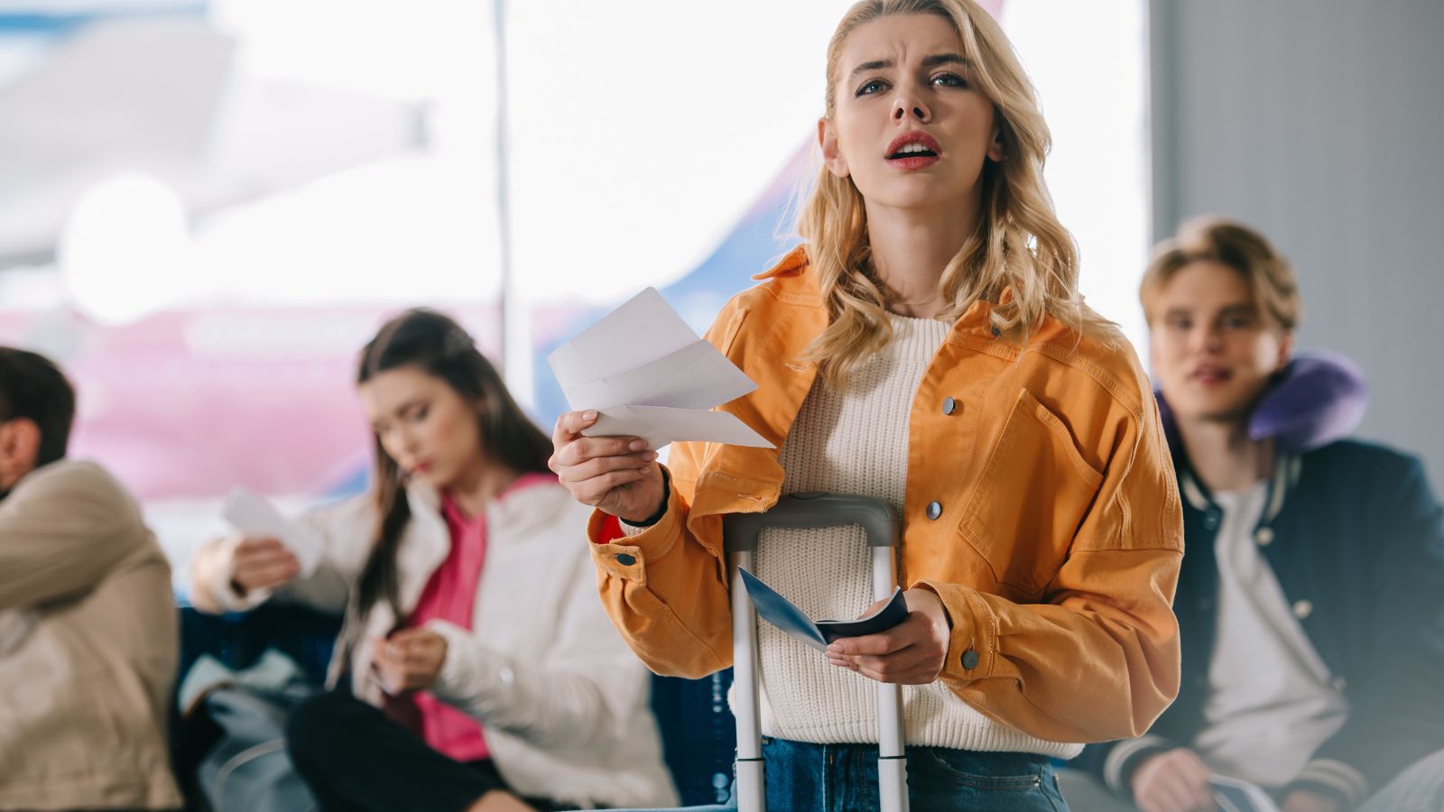 A photo of a woman holding passport and documents, slightly nervous expression.