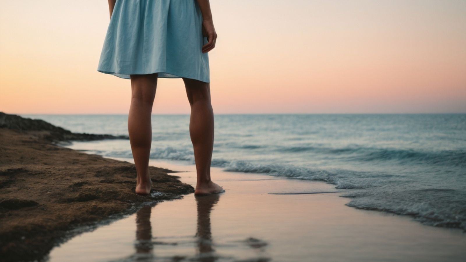 A photo of a woman, barefoot feeling the sand near the shore.