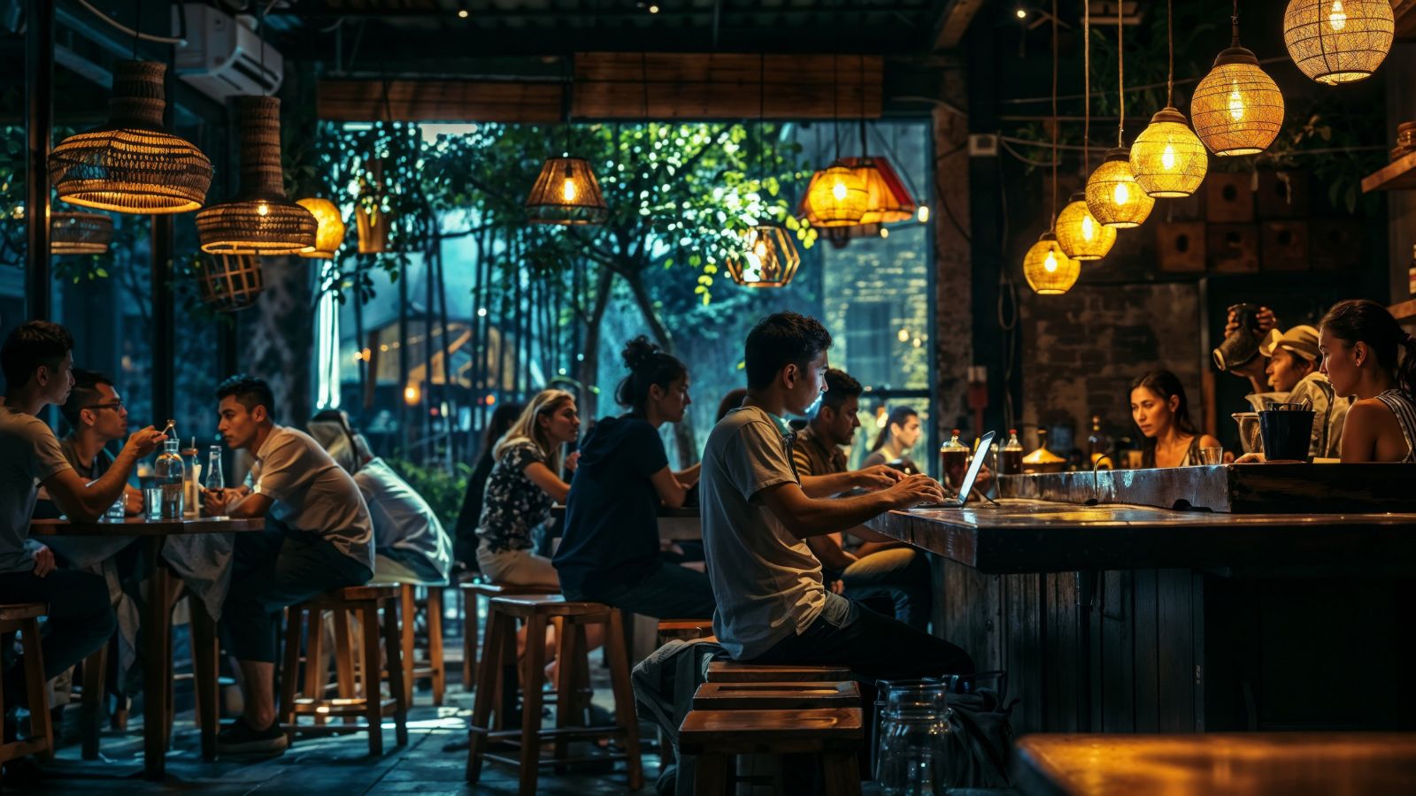 A photo of a Busy restaurant filled with locals during peak dining hours.