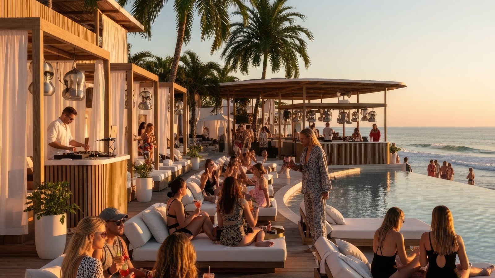 A photo of a Busy Cancun beach club in the afternoon, music playing, young travelers socializing by the pool, colorful drinks, energetic atmosphere.