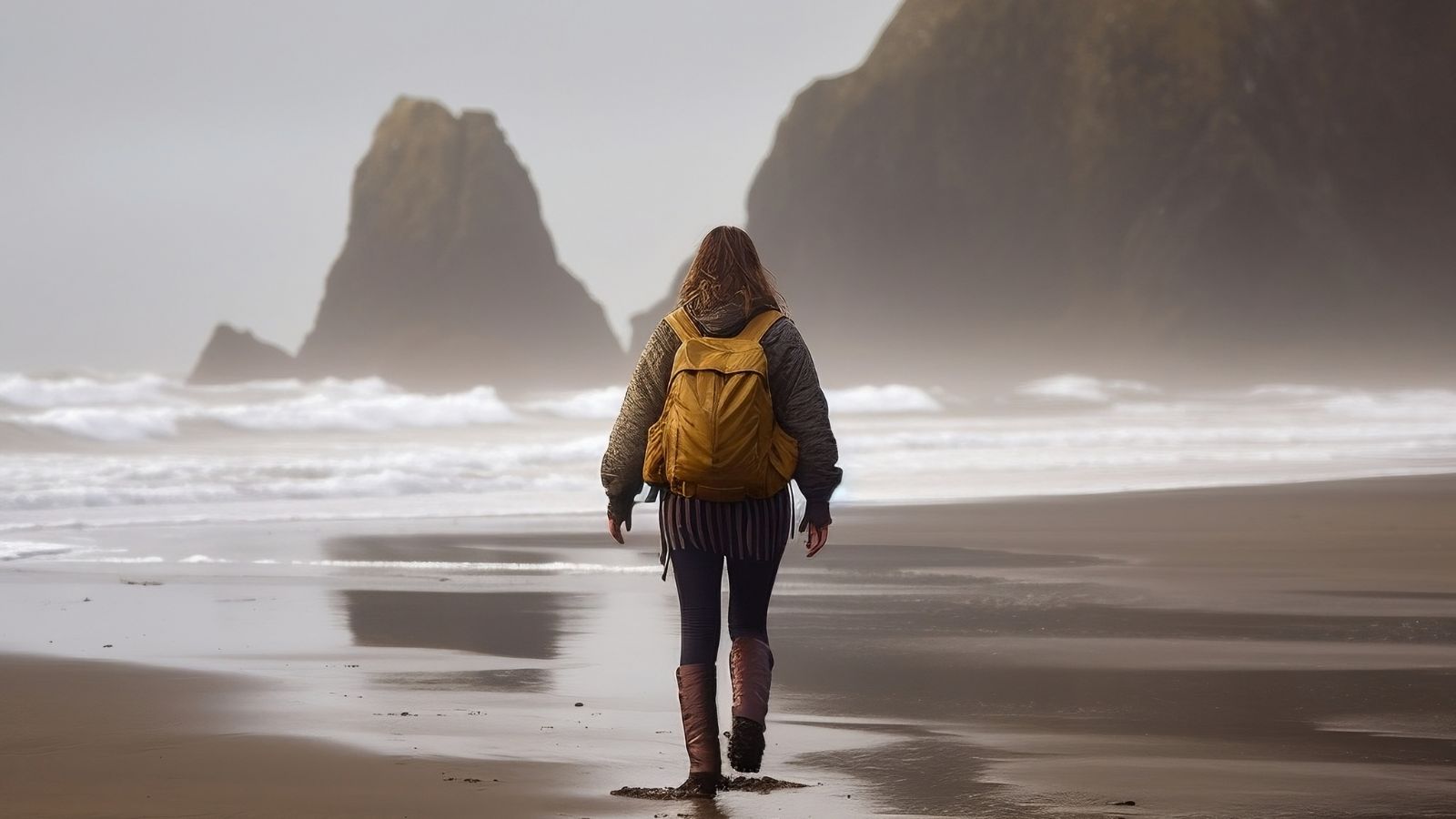 A photo of the Cannon beach showing soft gray-blue sky, gentle waves, peaceful timeless coastal feeling.