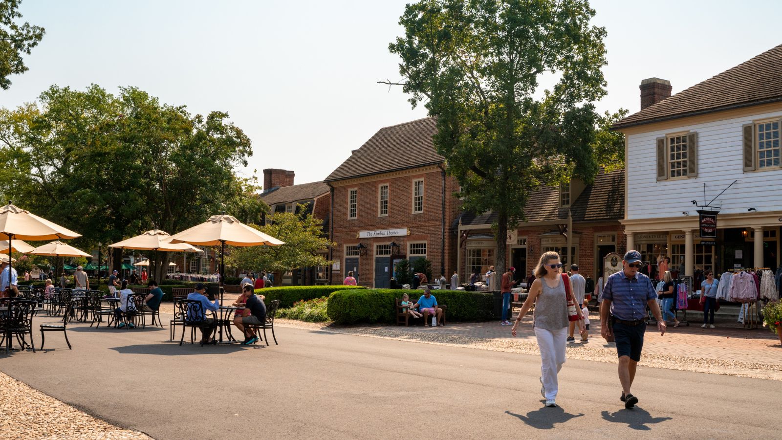 A photo of a Quiet pedestrian street in Colonial Williamsburg at golden hour.