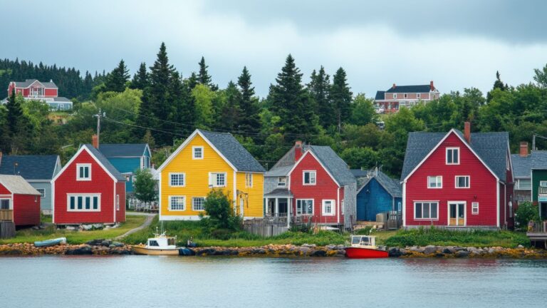 A photo of the Colorful wooden harbor town in Nova Scotia.