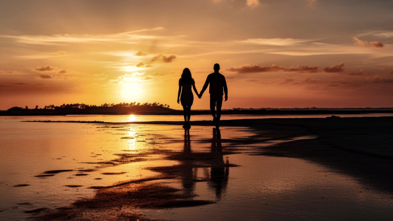 A photo of a lovebirds holding hands sunset horizon.