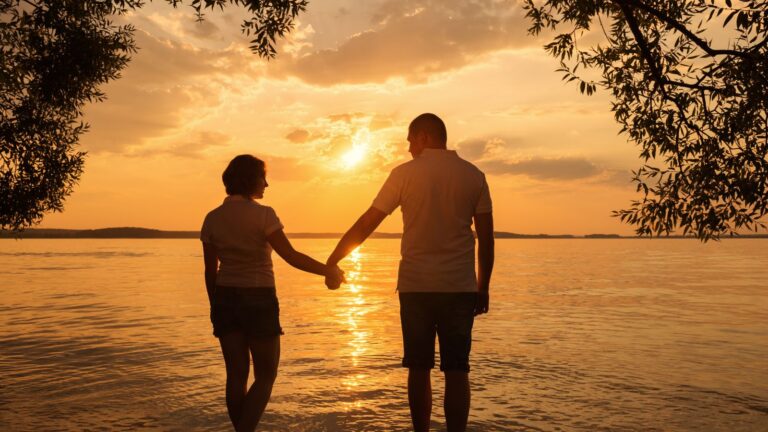 A photo of a Couple peaceful sunset walk.