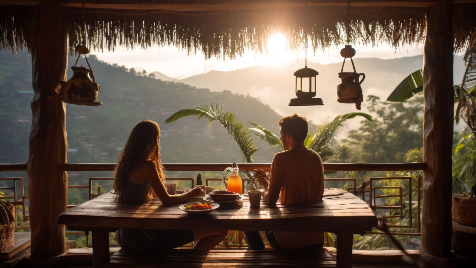 Two people eat breakfast at a wooden table on a thatched-roof terrace, gazing at misty mountains at sunrise.