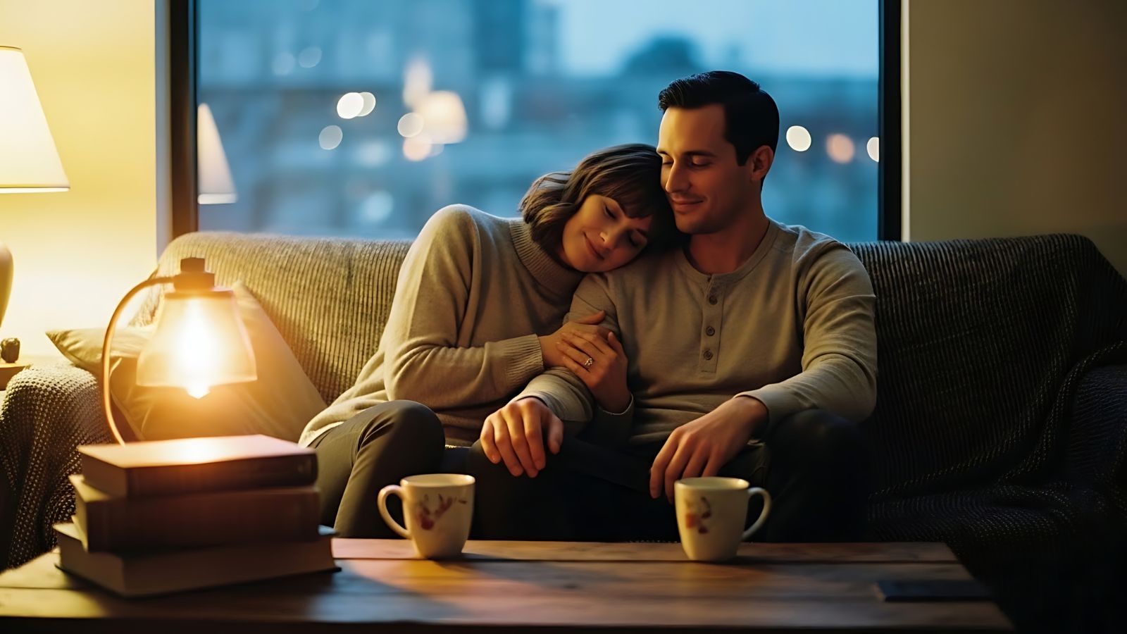 A couple sits on a sofa in a cozy living room, the woman resting her head on the man's shoulder, with mugs and books on the table.