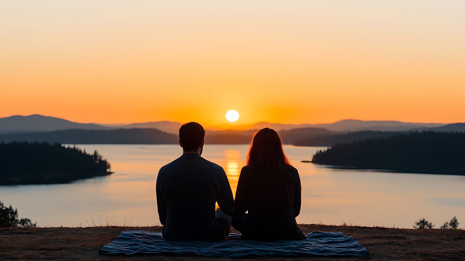 A photo of a couple Couple sitting side by side at sunset overlooking a scenic landscape.