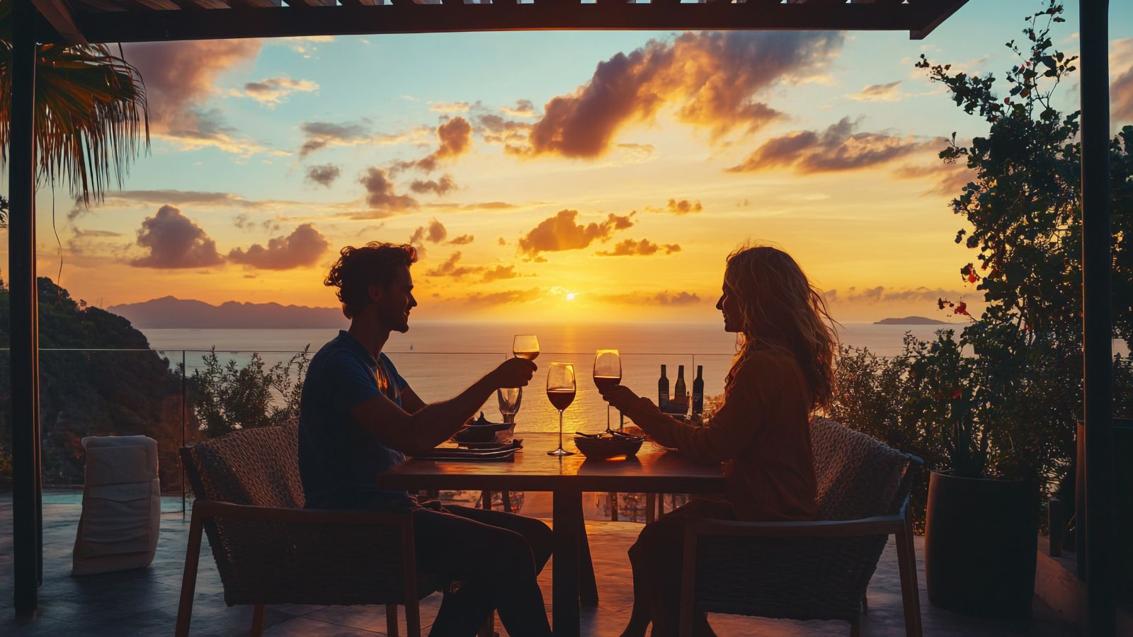 A photo of a Couple sharing an unhurried sunset dinner at a Cabo oceanfront restaurant.