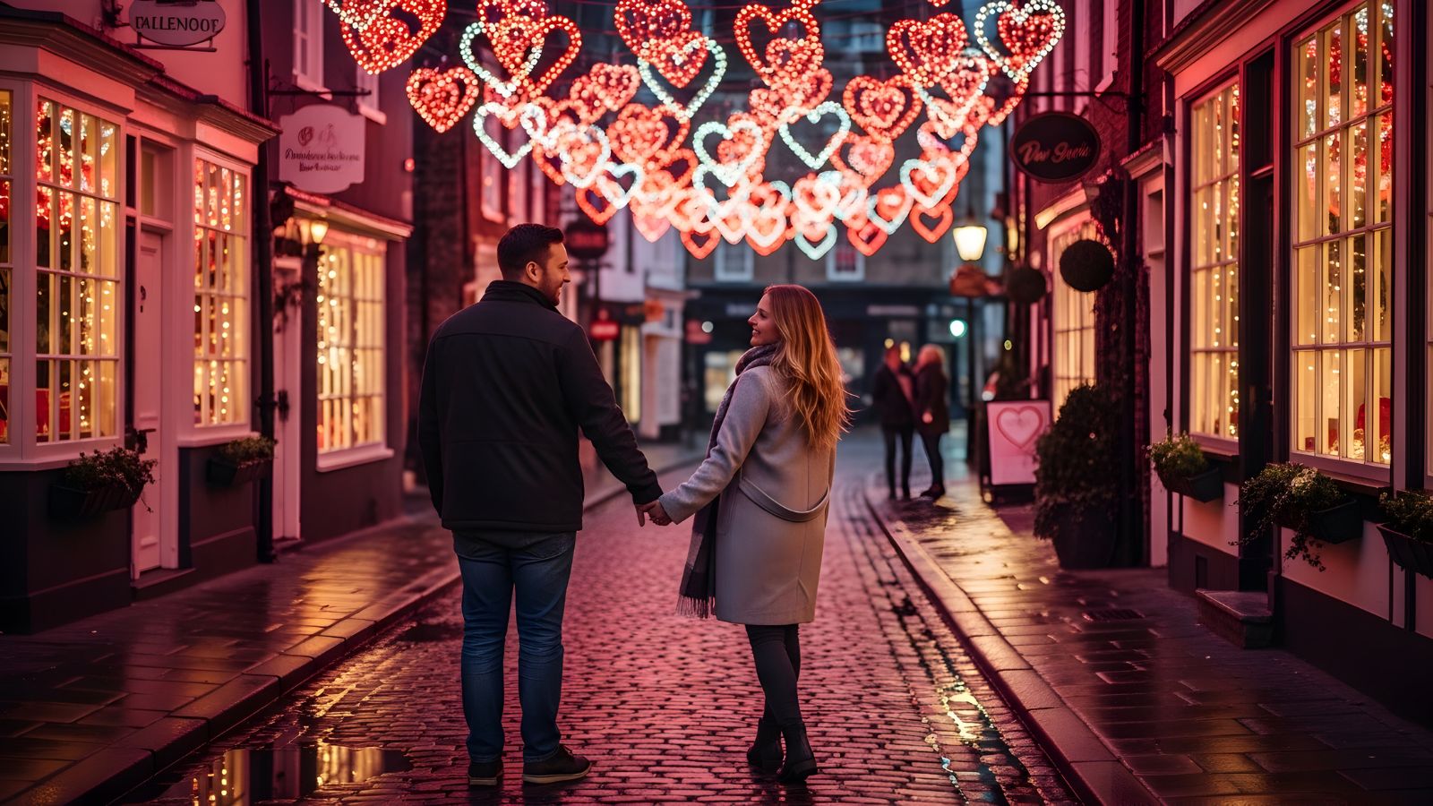 A photo of Couple holding hands in a charming town street on Valentine’s weekend.