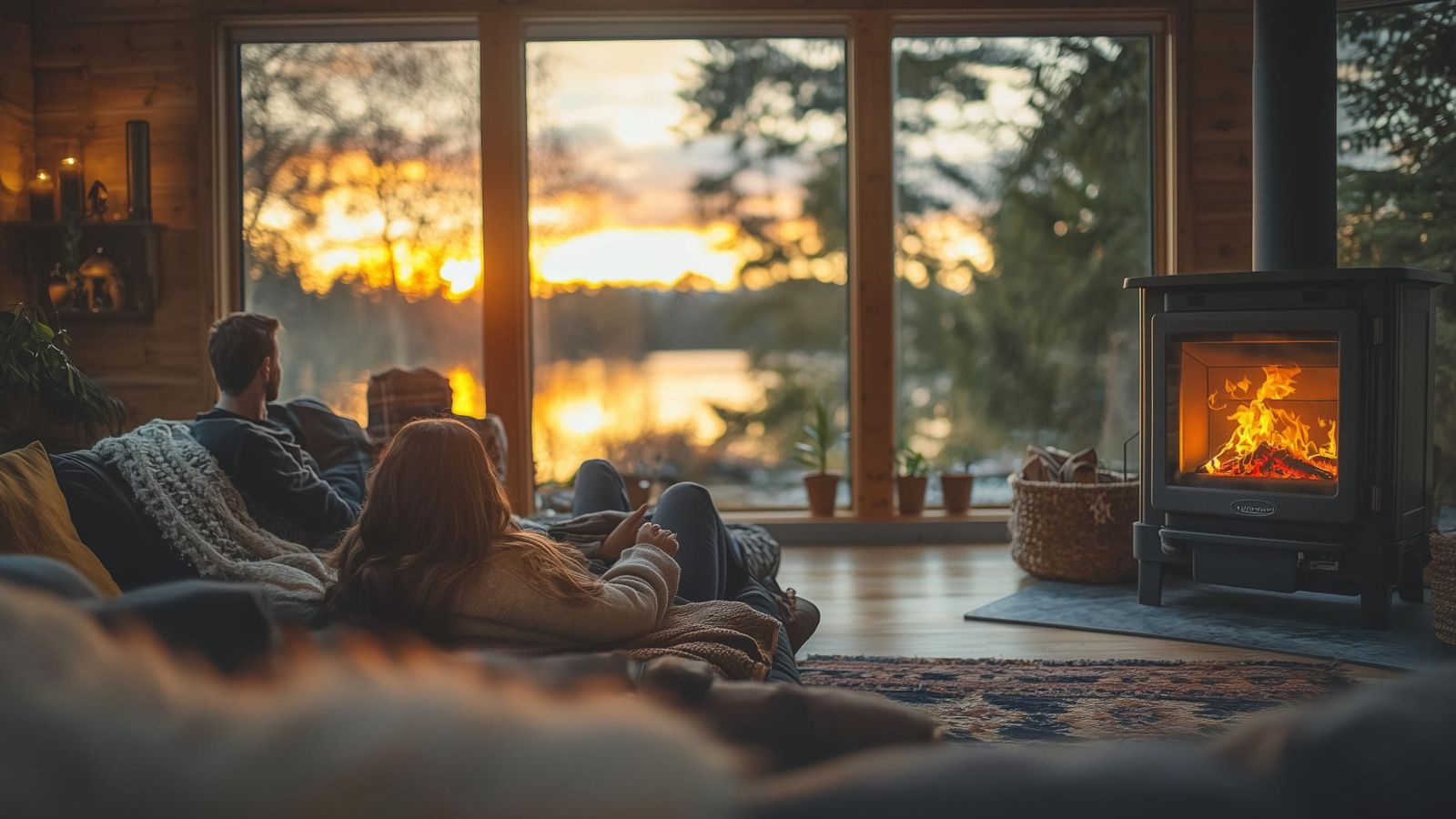 Two people sit on a cozy cabin couch by a wood stove, watching the sunset over a lake through large windows.