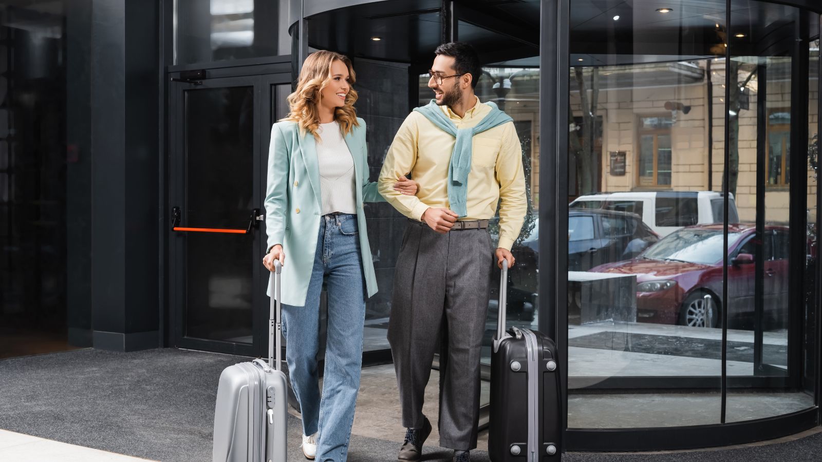 A photo that shows Couple confident hotel departure.