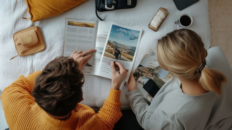 Two people sit on a bed looking at a travel magazine, surrounded by a camera, phone, coffee cup, and travel accessories.