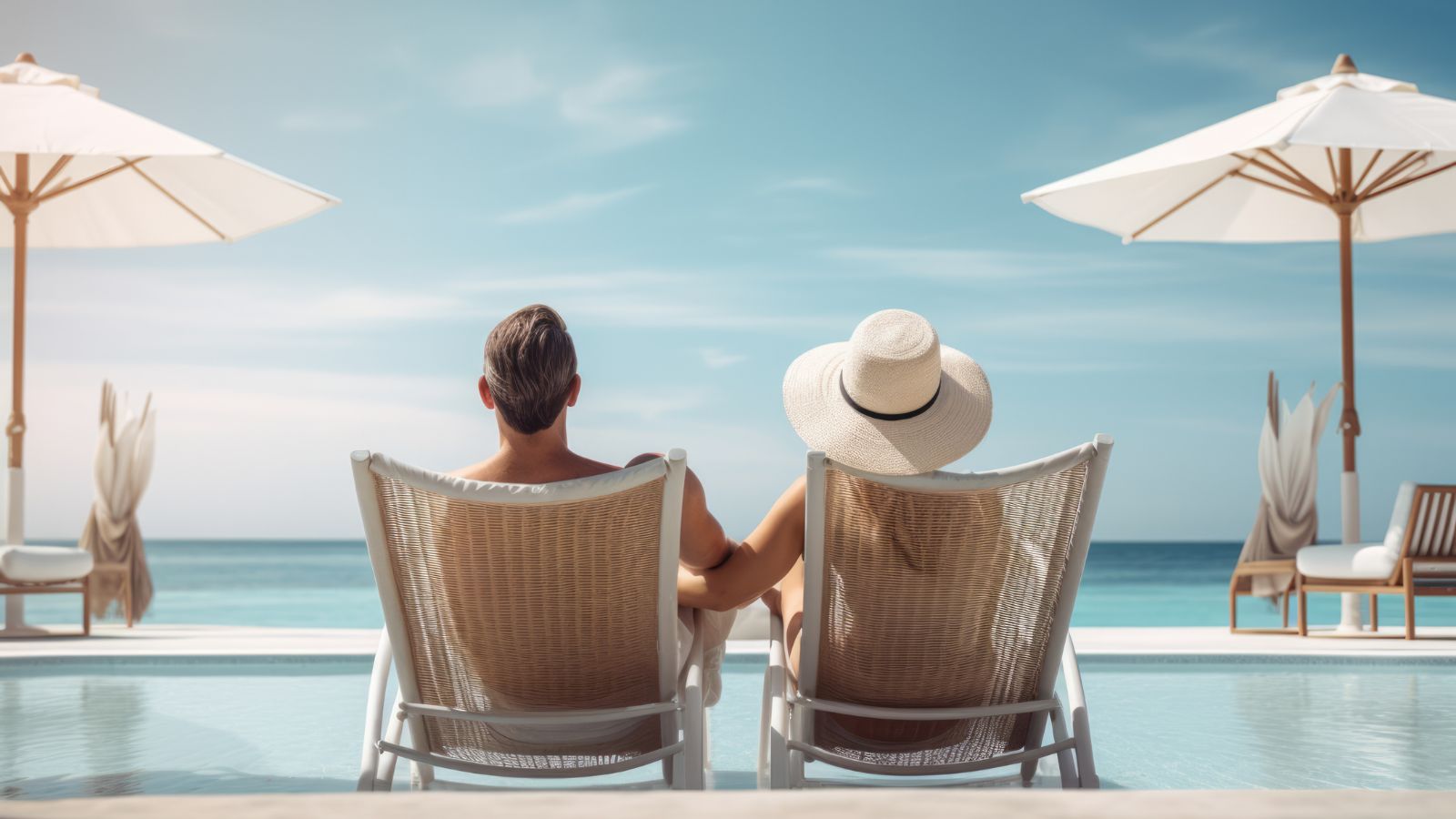 A photo of a Couple sitting quietly by an infinity pool in Cabo overlooking the ocean.