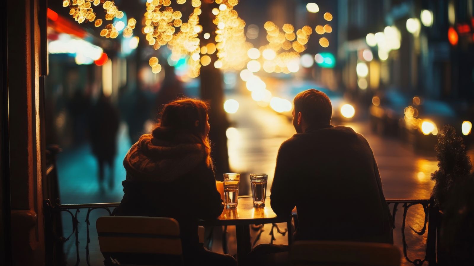 A photo of Couple sitting close together at an outdoor café or bench.