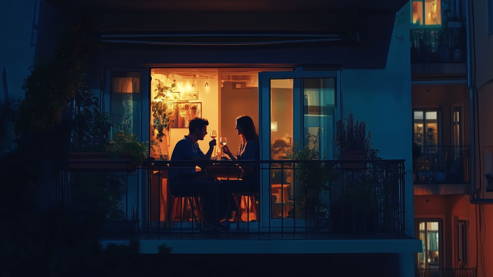 Two people share drinks at a small balcony table at night, facing each other under warm indoor lighting.