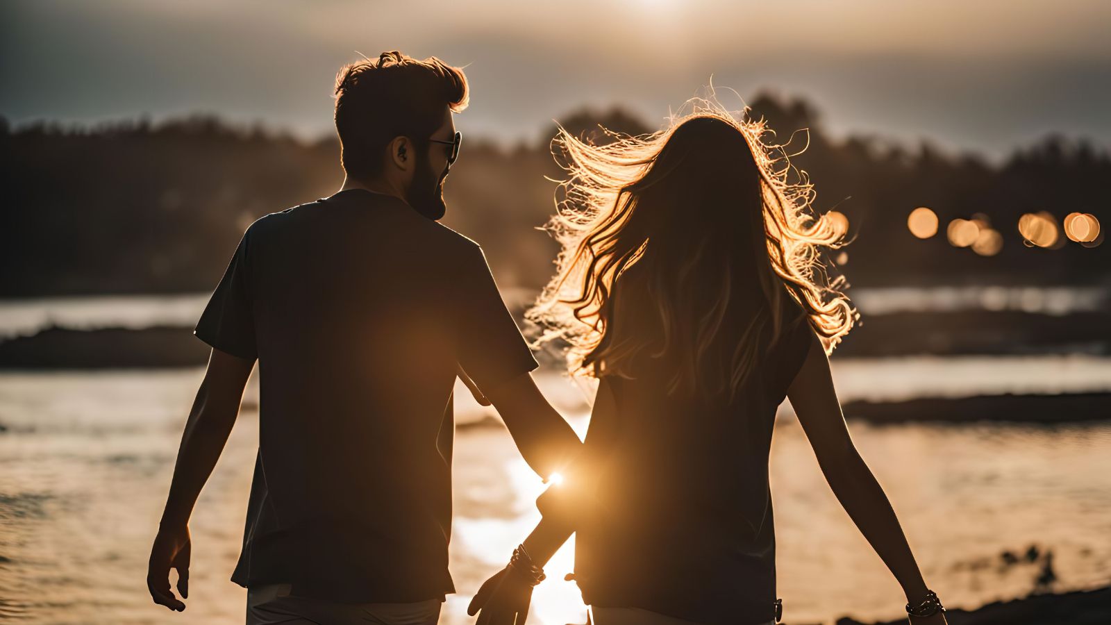 A photo of a Couple sunset romantic stroll.