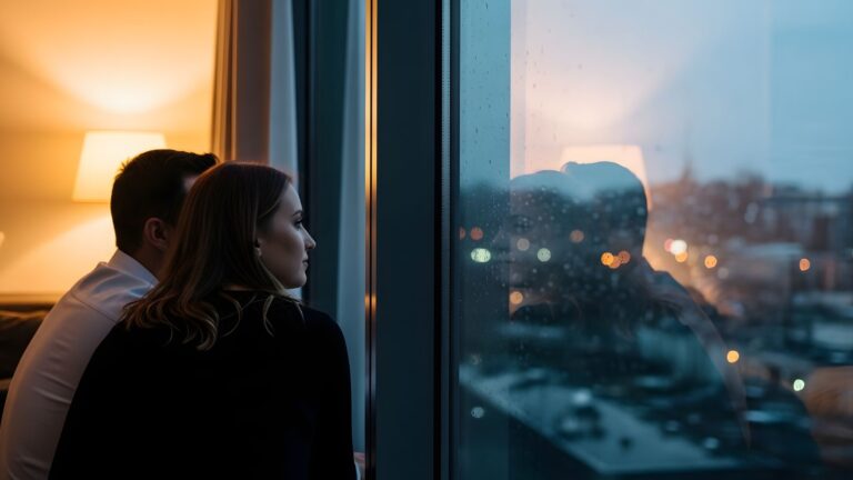 Two people sit by a window at dusk, watching a rain-soaked city; their faces are faintly reflected in the glass.