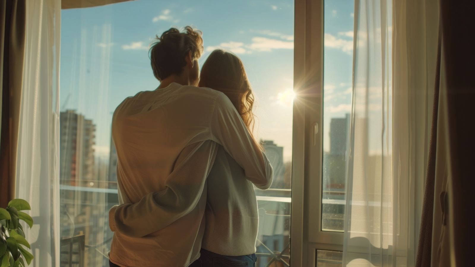A couple embraces by a window, gazing at the city skyline as the sun sets.