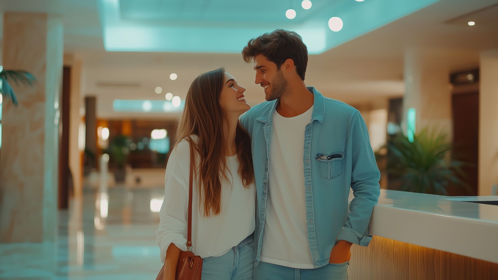 A young couple in blue and white casual outfits smiles at each other indoors in a brightly lit, modern setting.