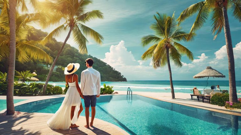 A photo of morning light, palm trees and ocean hints in background.