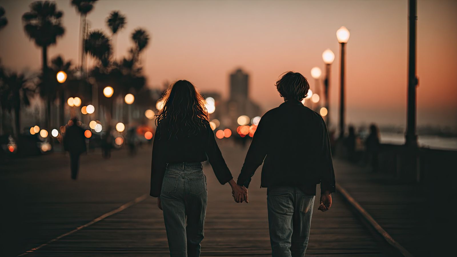 A couple holding hands walks along a lamplit boardwalk at sunset, palm trees and city buildings in the background.