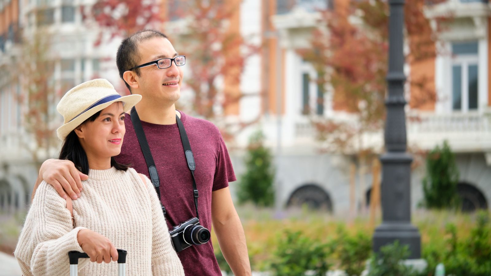 A photo that shows Couple relaxed sightseeing abroad.