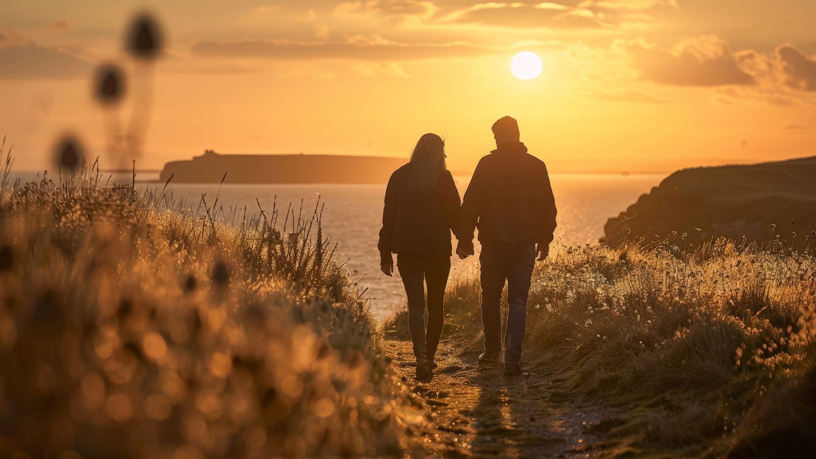 Two people walk hand in hand on a grassy path toward the ocean at sunset, with cliffs and a low sun in the background.