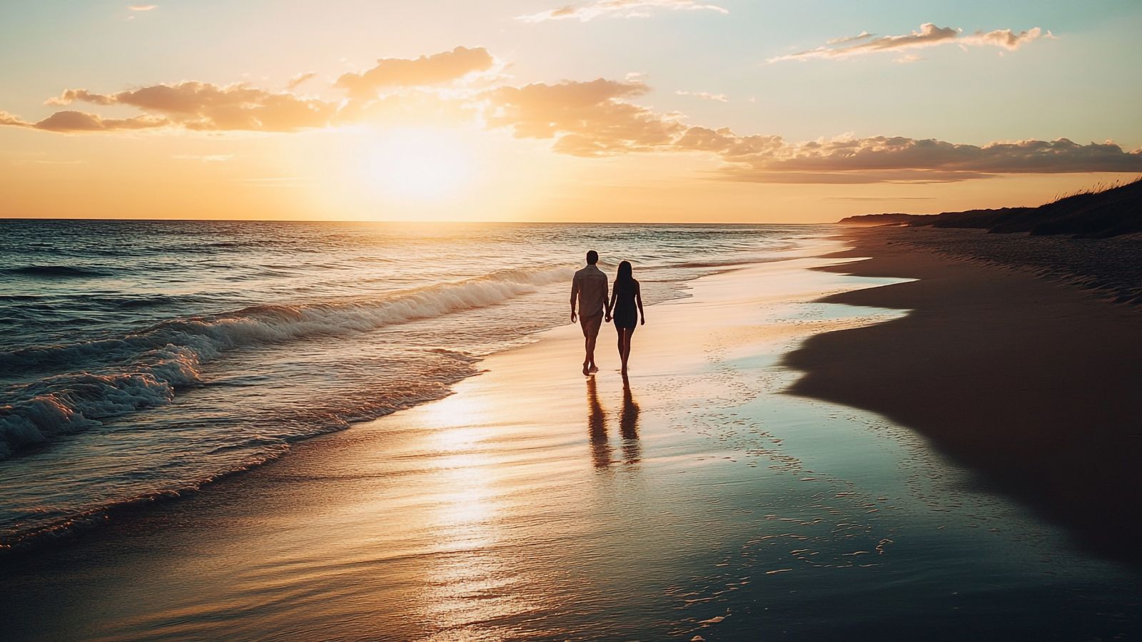 A photo of a Couple walking hand in hand along a quiet beach.