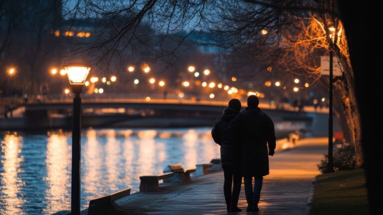A photo of a Couple walking near the Rideau Canal at dusk, city lights reflecting on the water.