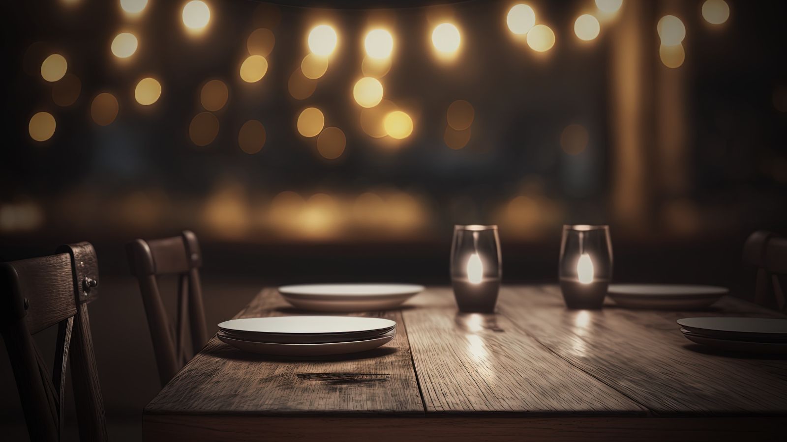 A photo of a Late evening restaurant scene with soft ambient lighting, empty plates.