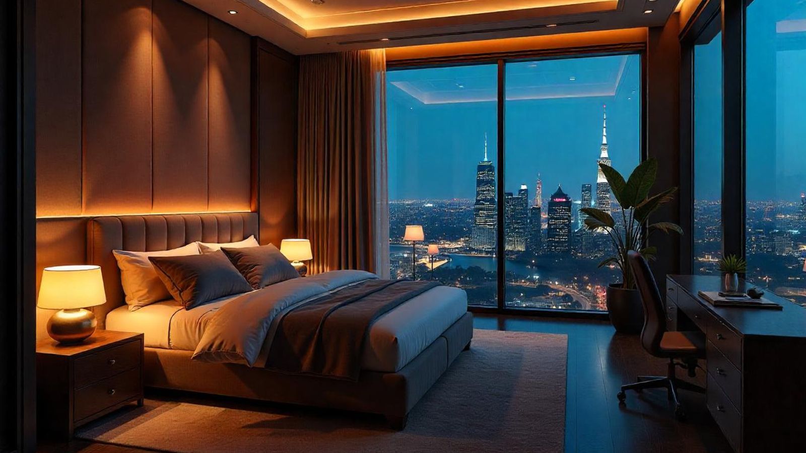 A photo of a hotel room city evening.