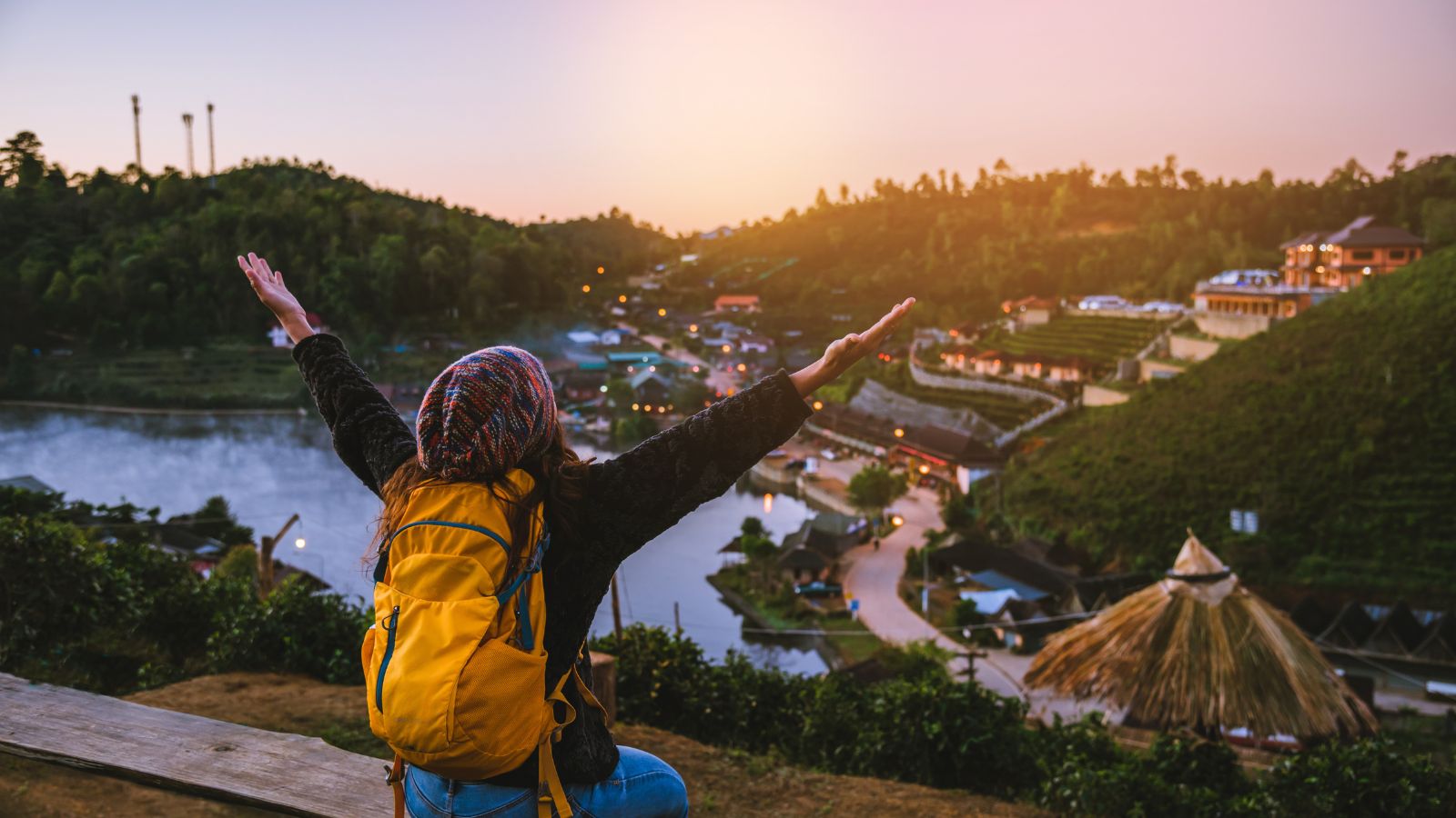 A photo showing a Fulfilled traveler, scenic destination.