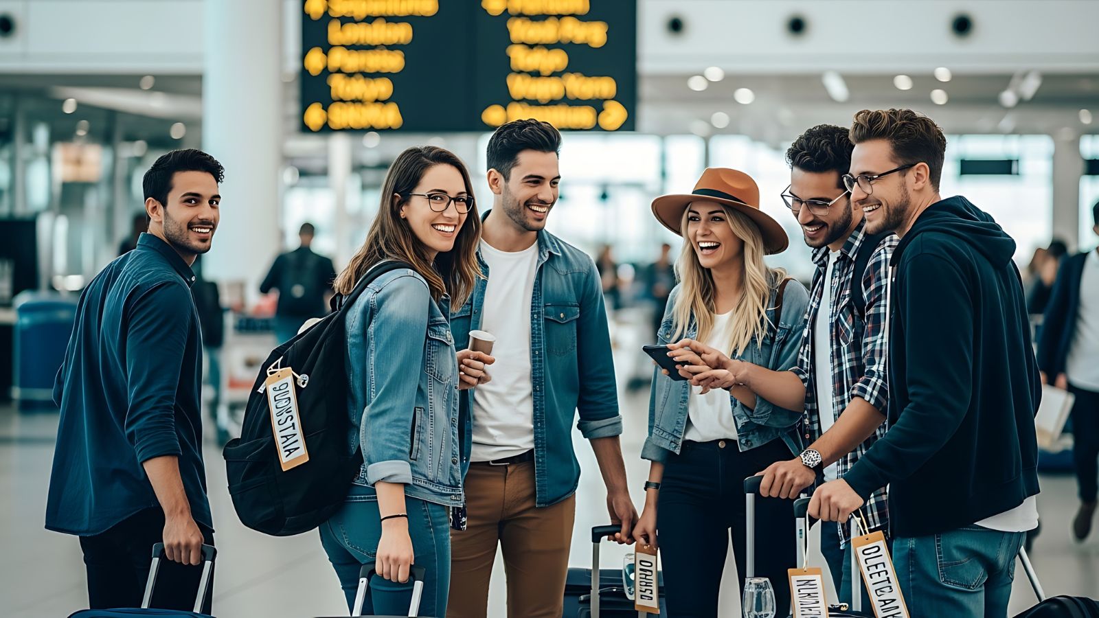 A photo of a people in an International airport terminal.