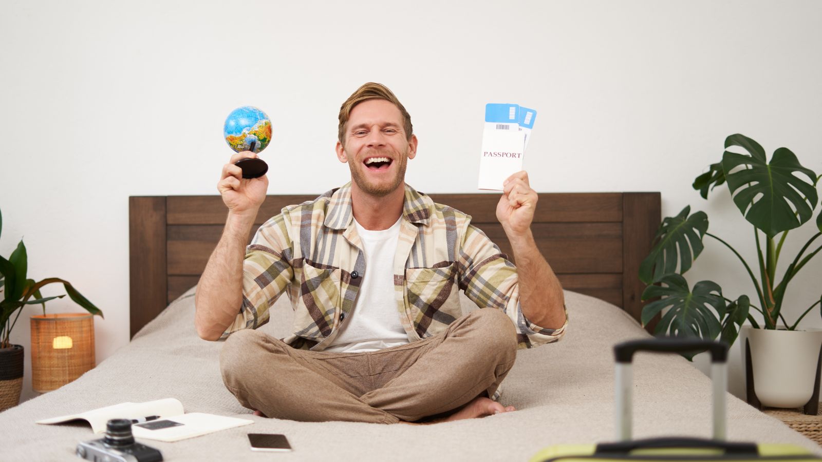 A photo of an Excited traveler planning trip.