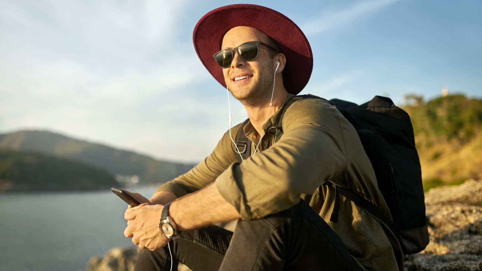 A photo of a Happy traveler savoring travel moment.