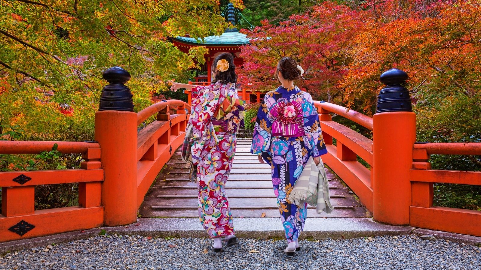 Women in traditional japanese kimonos walking in Kyoto, Japan