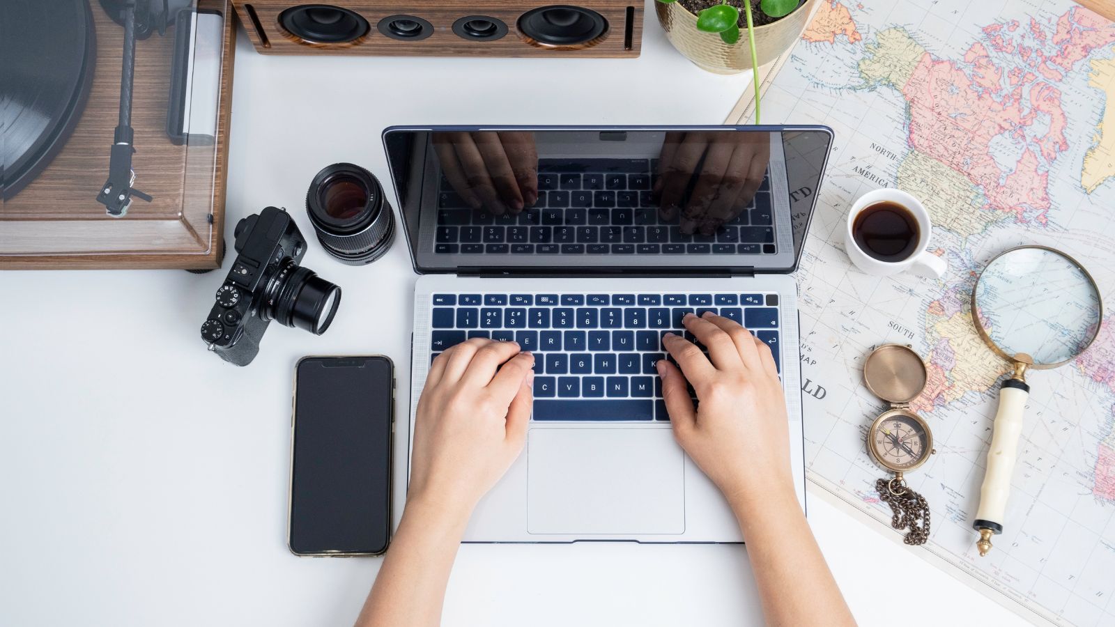 A photo of a woman facing laptop.