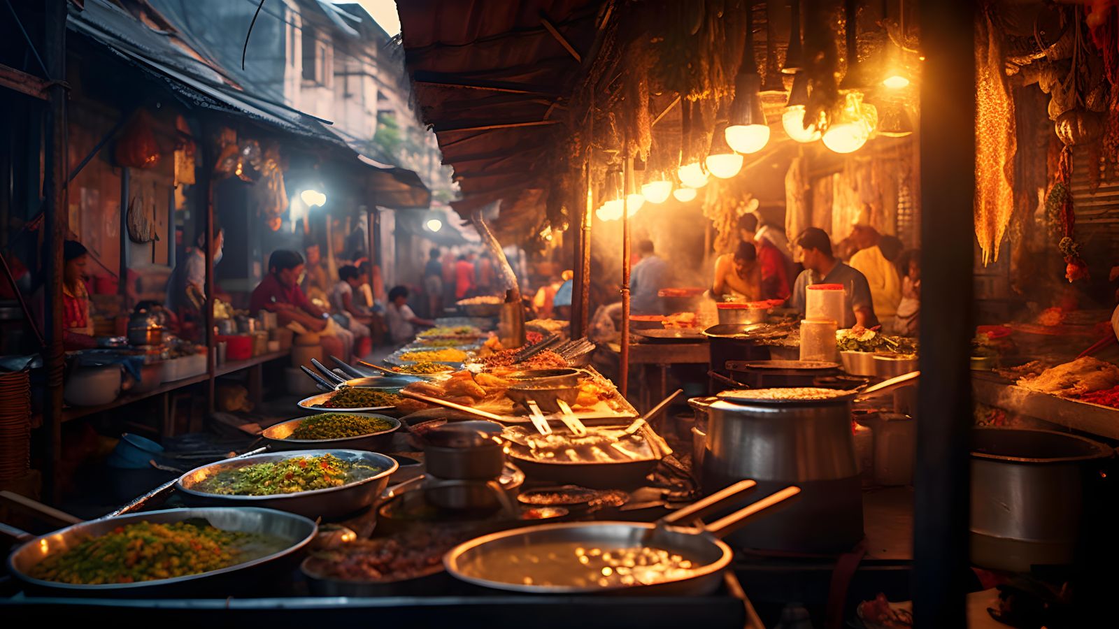 A photo of the locals cooking at open stalls, variety of ingredients displayed.