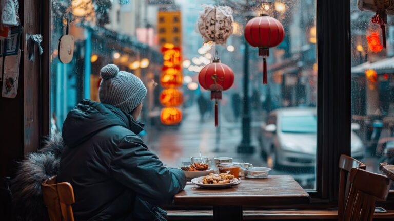 A photo of a man looking outside, sitting in a restaurant.