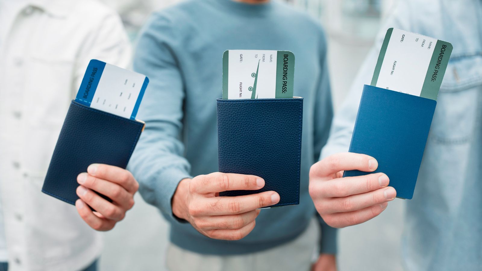 A photo of diverse travelers holding different passports.