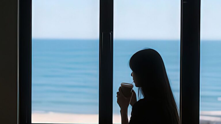 A photo of an ocean front hotel window view.