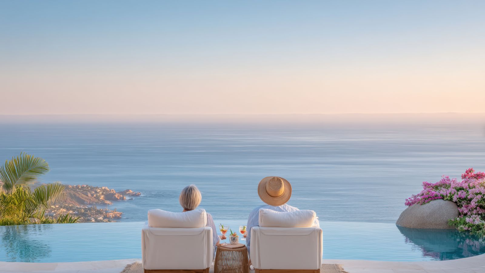 A photo of a Couple quietly enjoying sunset from a Cabo resort terrace.