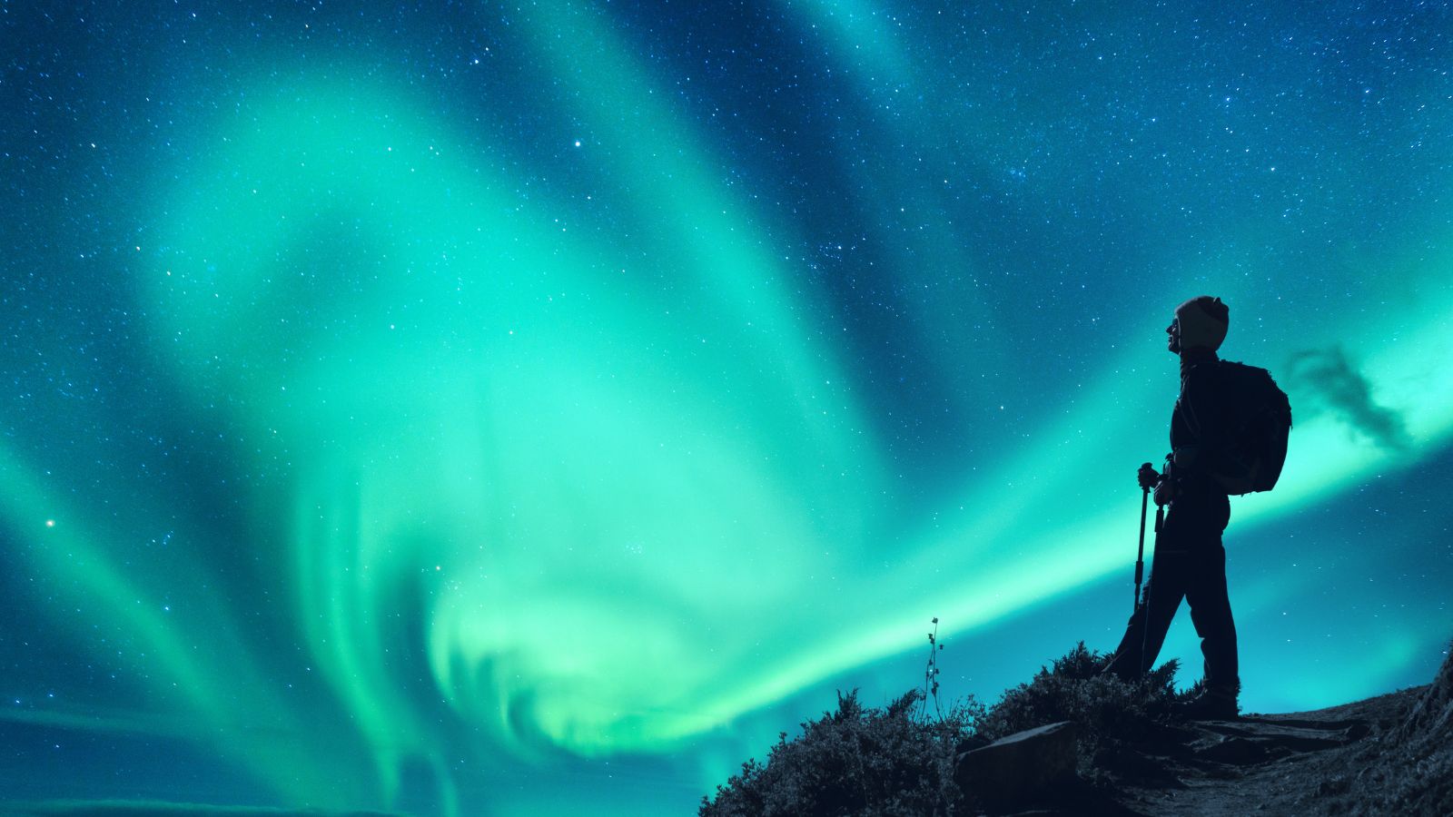 A photo of a Traveler watching Northern Lights outdoors.
