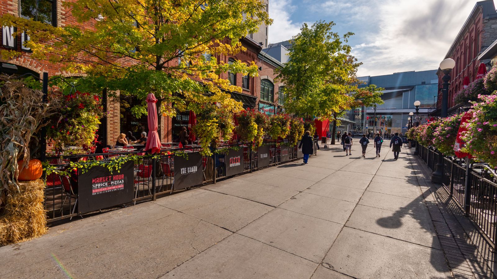 A photo of a street scene in downtown Ottawa, cozy cafés and restaurants lining a historic street, travelers strolling.