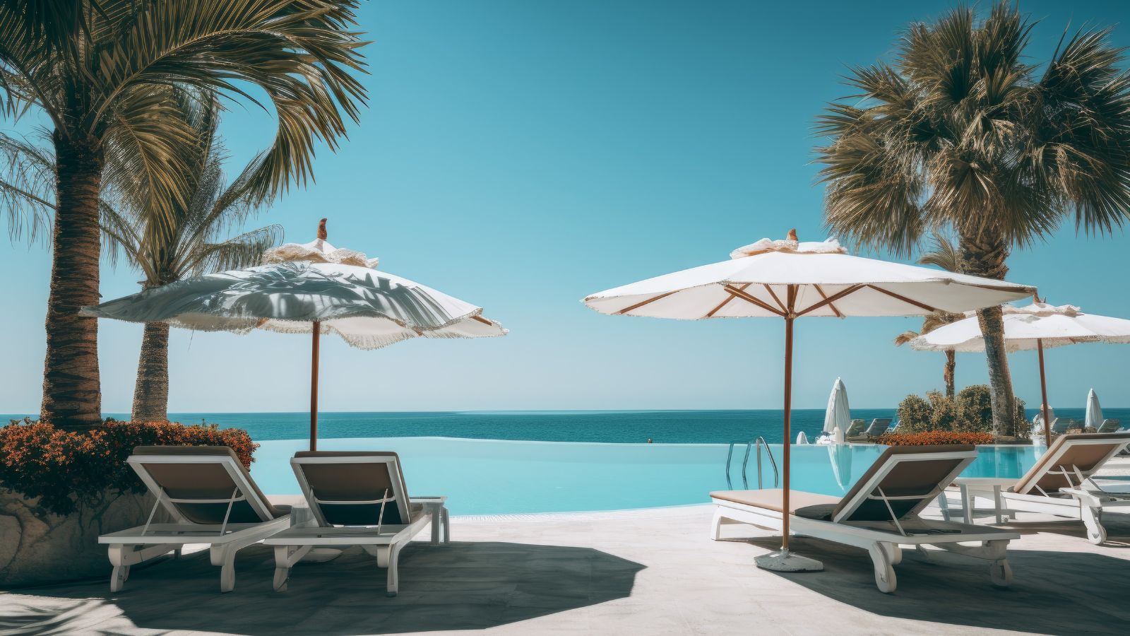 A photo of a Cabo beach resort with infinity pool overlooking the ocean, travelers lounging calmly on sunbeds, no crowds, clear blue sky.