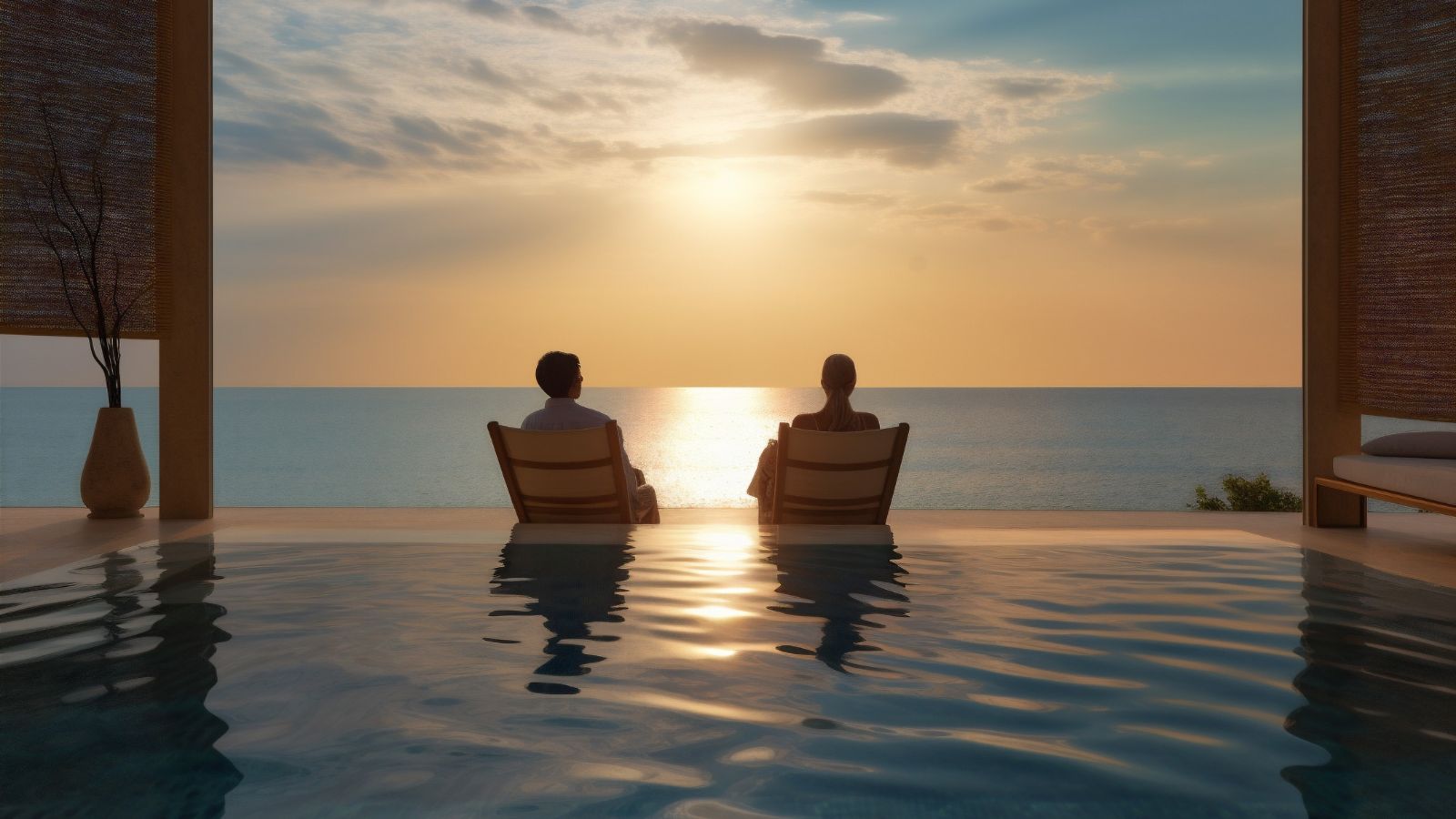 A photo of a couple enjoying a quiet sunset by the pool with ocean view.