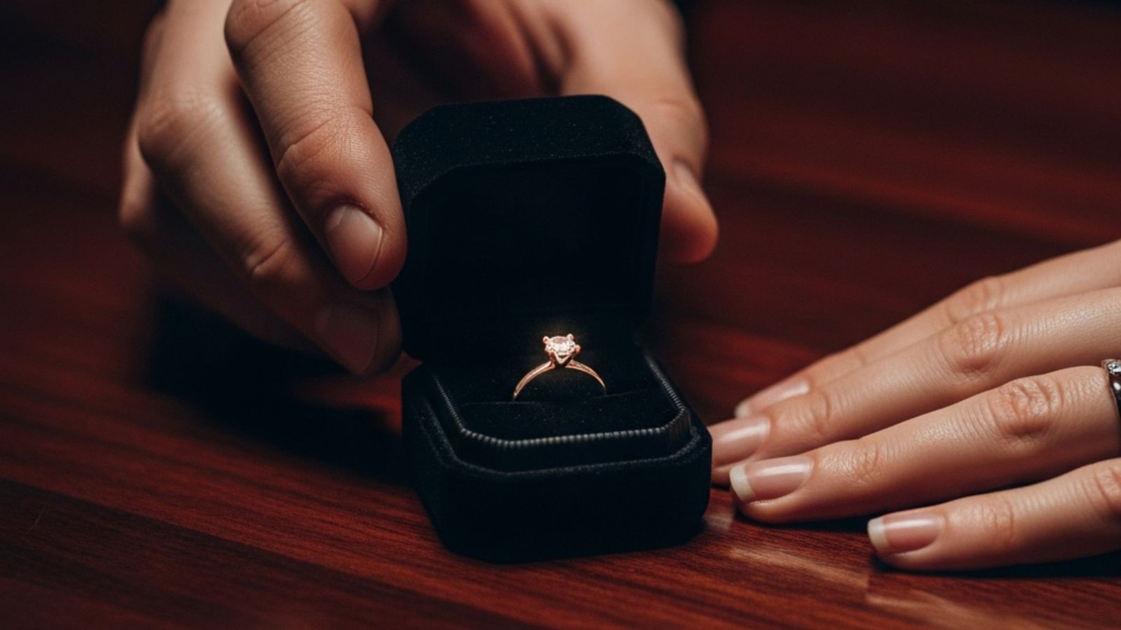 A hand opens a black velvet ring box on wood, displaying a gold engagement ring with a single solitaire diamond.