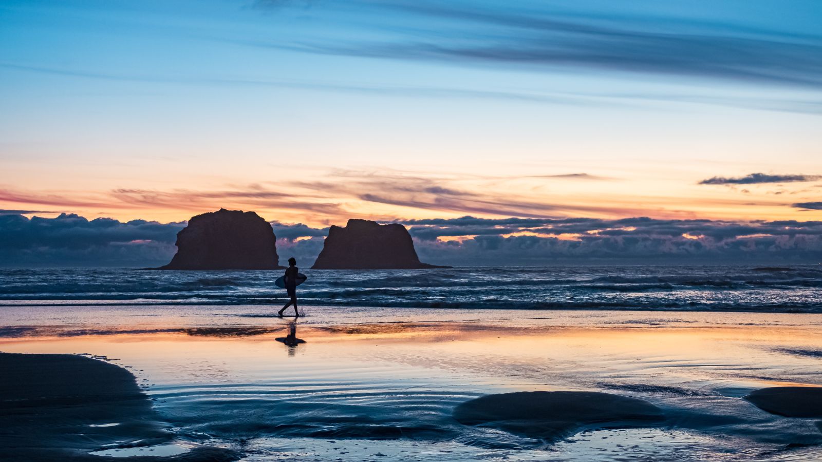 A photo of a Person walking slowly along wet sand at Cannon Beach.